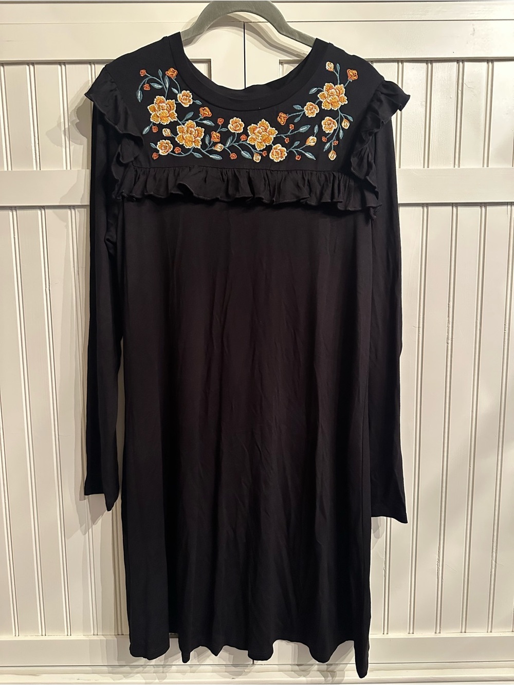 Cupio Black Long-Sleeve Dress with Yellow Floral Embroidery